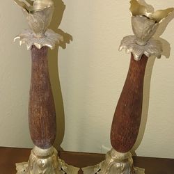 Pair Of Brass And Wood Candle Sticks