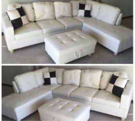 White leather sectional couch and ottoman
