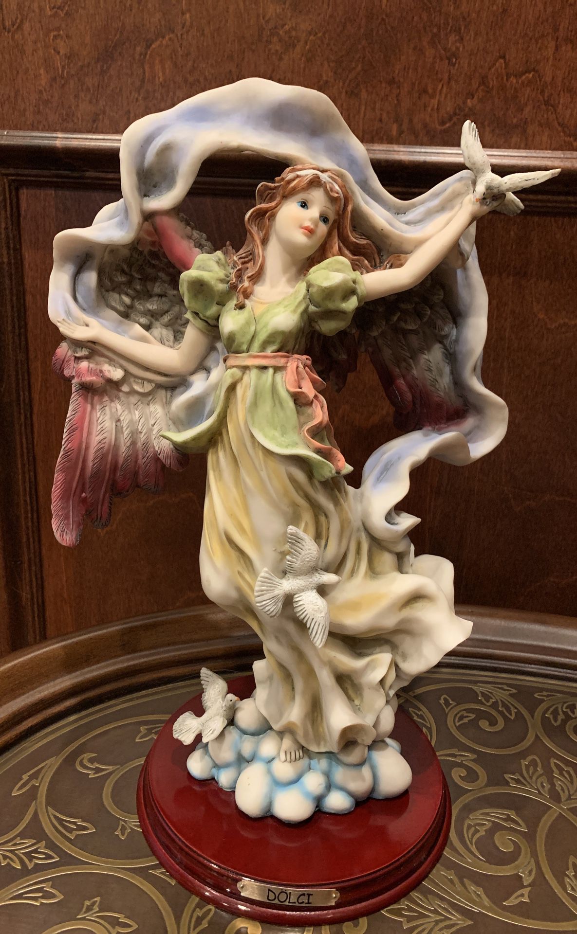 Collectible! Dolci Angel Figurine / Sculpture / Statue in Flowing Gown on a Cloud w/ Wings and Doves - Sage, Burgundy, Rose, Pink, Blue, & Gold