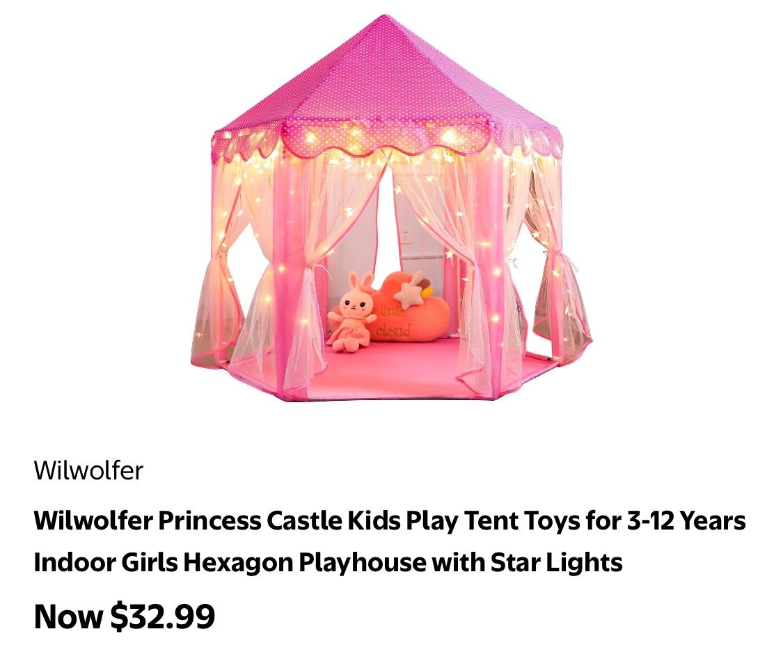 Wilwolfer Princess Castle Kids Play Tent Toys for 3-12 Years Indoor Girls Hexagon Playhouse with Star Lights