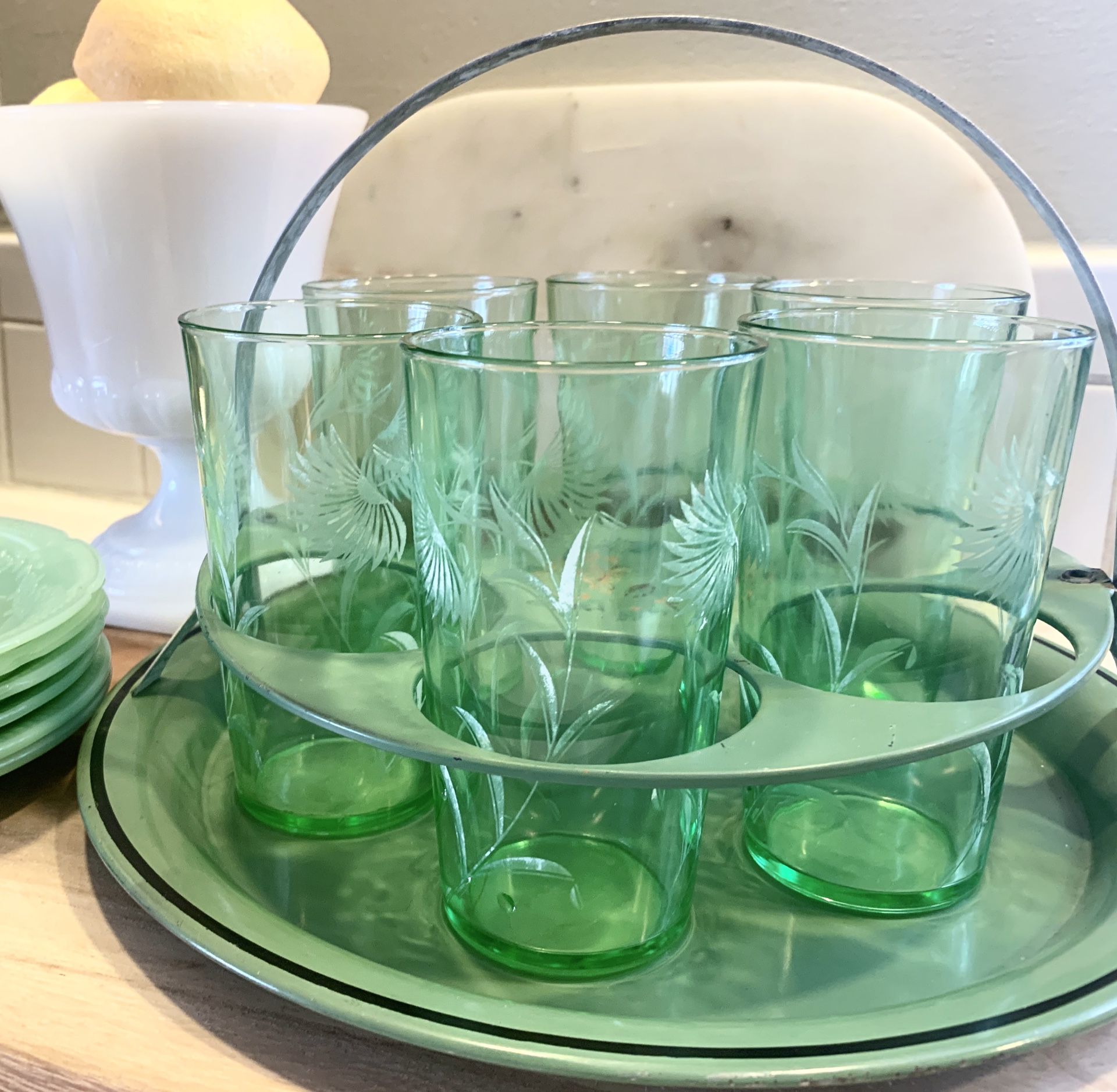 Vintage Green Glassware w/ Tole Caddy