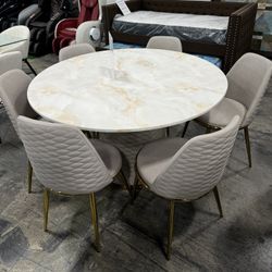 Modern Round Marble Dining Table with 6 Matching Chairs