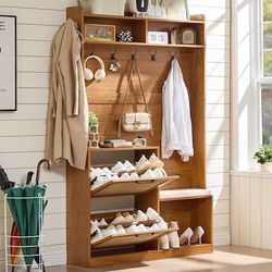 78in Boho Hall Tree With Bench Shoe Storage 4-in-1 Mudroom Coat Rack Rattan