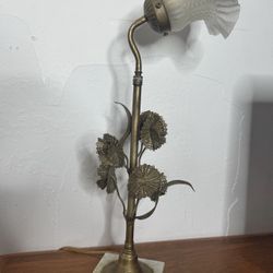 	Ornate Brass Table Lamp with Floral Design Ruffled Glass Shade Vintage Decor 