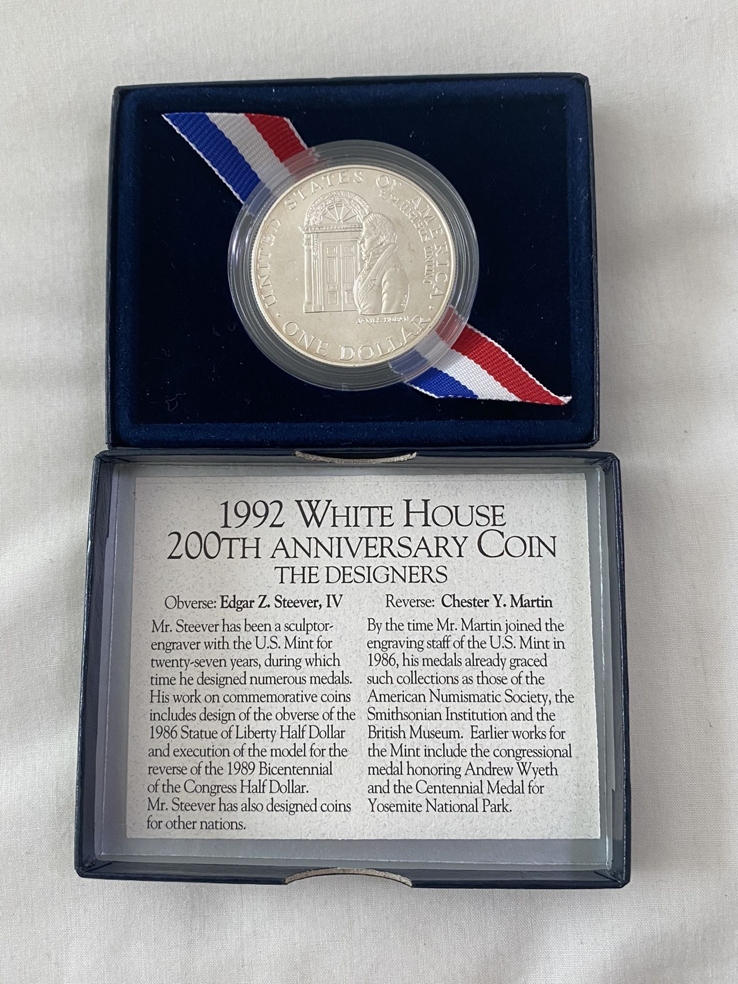 1992 White House 200th Anniversary Commemorative Dollar Silver Coin with COA and Box