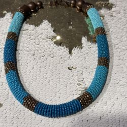 Teal Blue Bronze Beaded Necklace 