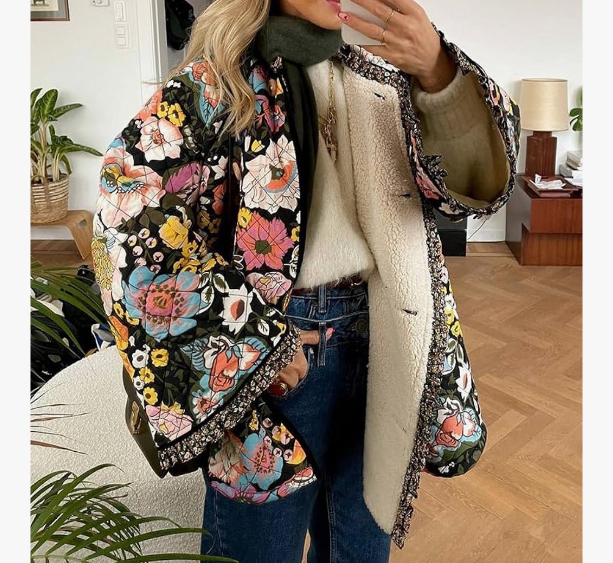 Sunday Up Floral Quilted Sherpa Lined Button Up Jacket Size Large Vera B Style