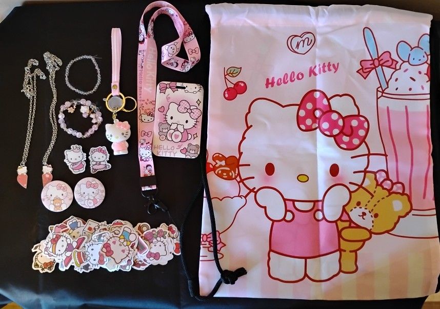 Hello Kitty Bag, Bracelets,chains,lanyard and More 
Keychains and stickers 