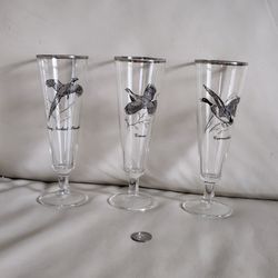 Federal Glass Silver Rim Game Birds Footed Pilsner Pedestal Glasses 8.2" Set Of 3 Holidays, New Year Barware