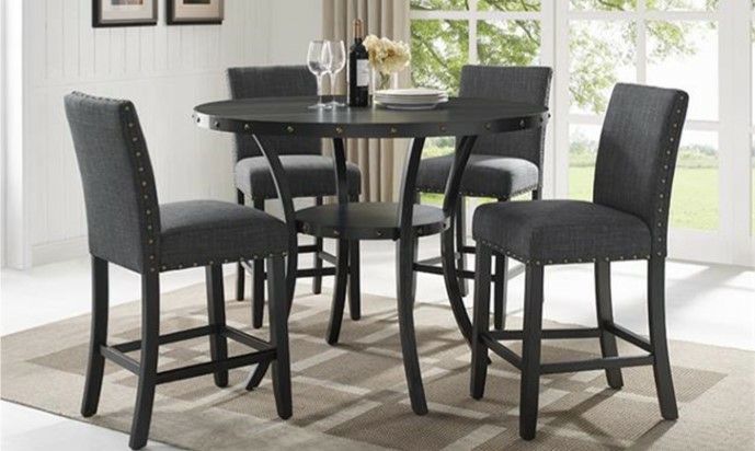 Brand New Counter Height 5pc Round Dining Set With Charcoal Gray Linen Fabric Nail Studded Chairs 