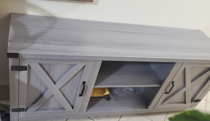 58 in. Farmhouse Gray Wash TV Stand Fits TV's up to 65 in. with Cabinets and Adjustable Shelves