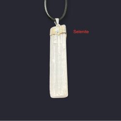Selenite Pendant Necklace with leather cord from Morocco