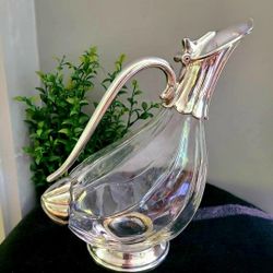 Vintage Decanter 1970s Art Deco Pewter and Crystal Decanter 10"  