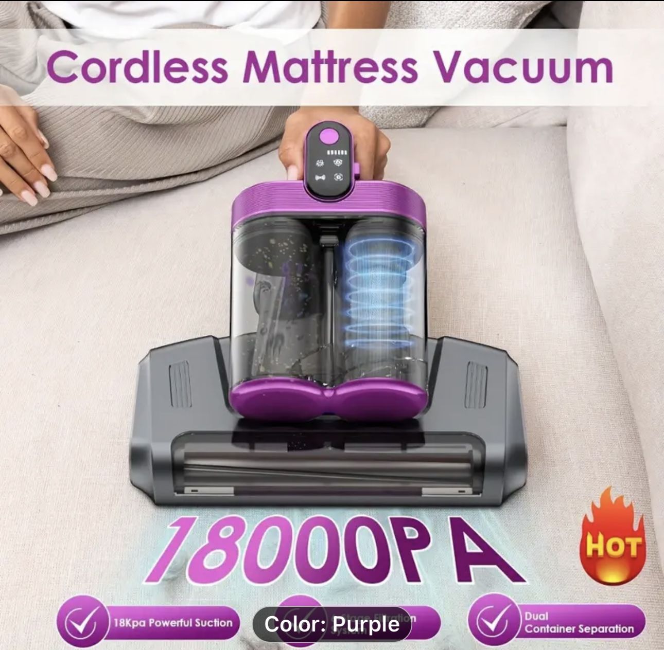 Cordless Mattress Vacuum Cleaner, Bed Vacuum Cleaner With 18Kpa Suction 253.7nm UV-C Light & 80000Rpm Rotation Ultrasonic Tech Double-Cup, Portable Ha