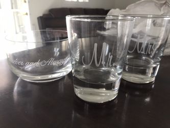 Cocktail Glass , Mr and Mrs Plus Engraved Forever and Always Chocolate Bowl