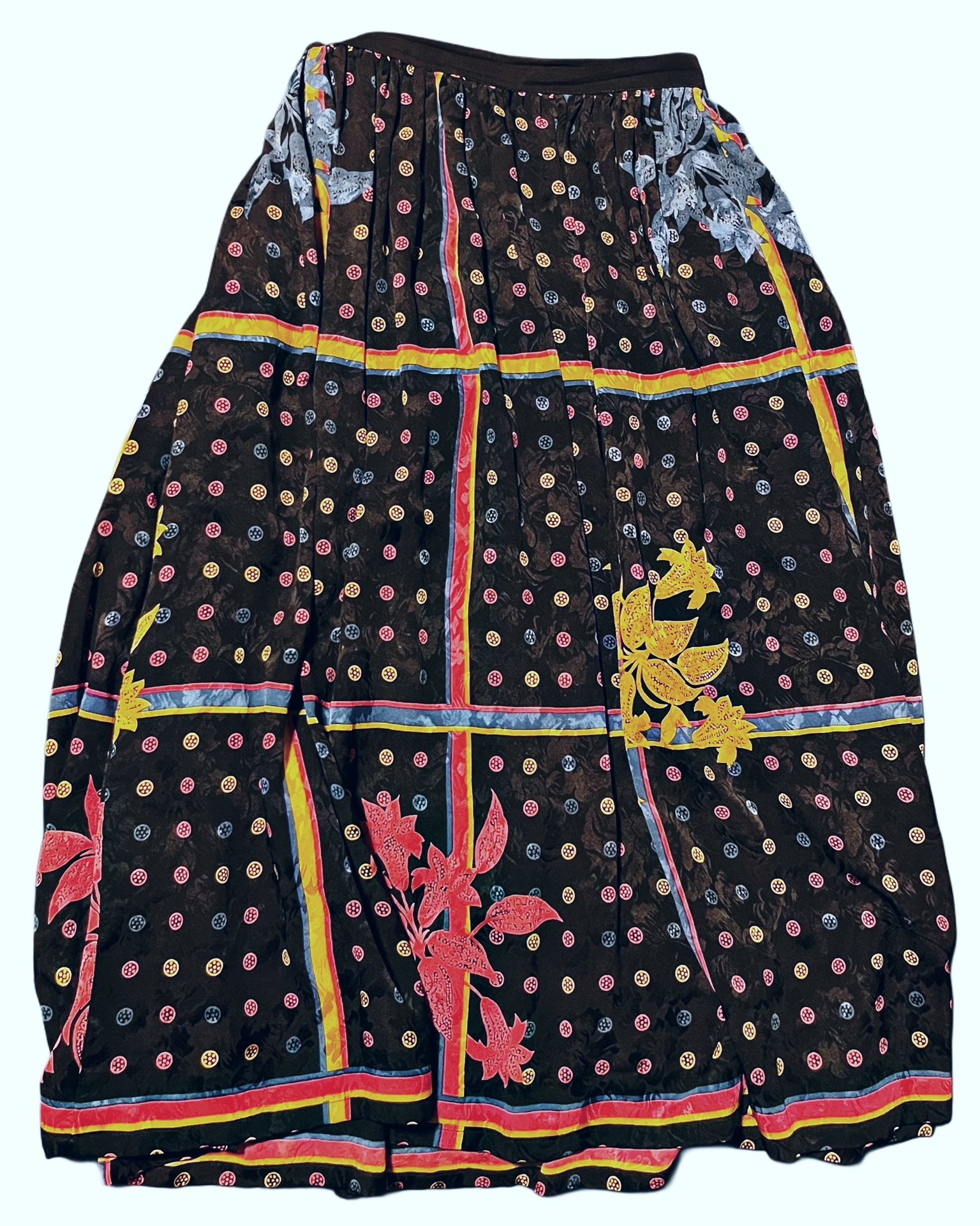Vintage Retro Colorful Polka Dot Floral Long Silk Skirt Size 12