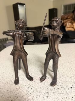 Monkey Playing Violin Fiddle Figurine 8" Tall Bronze  Statue Pair