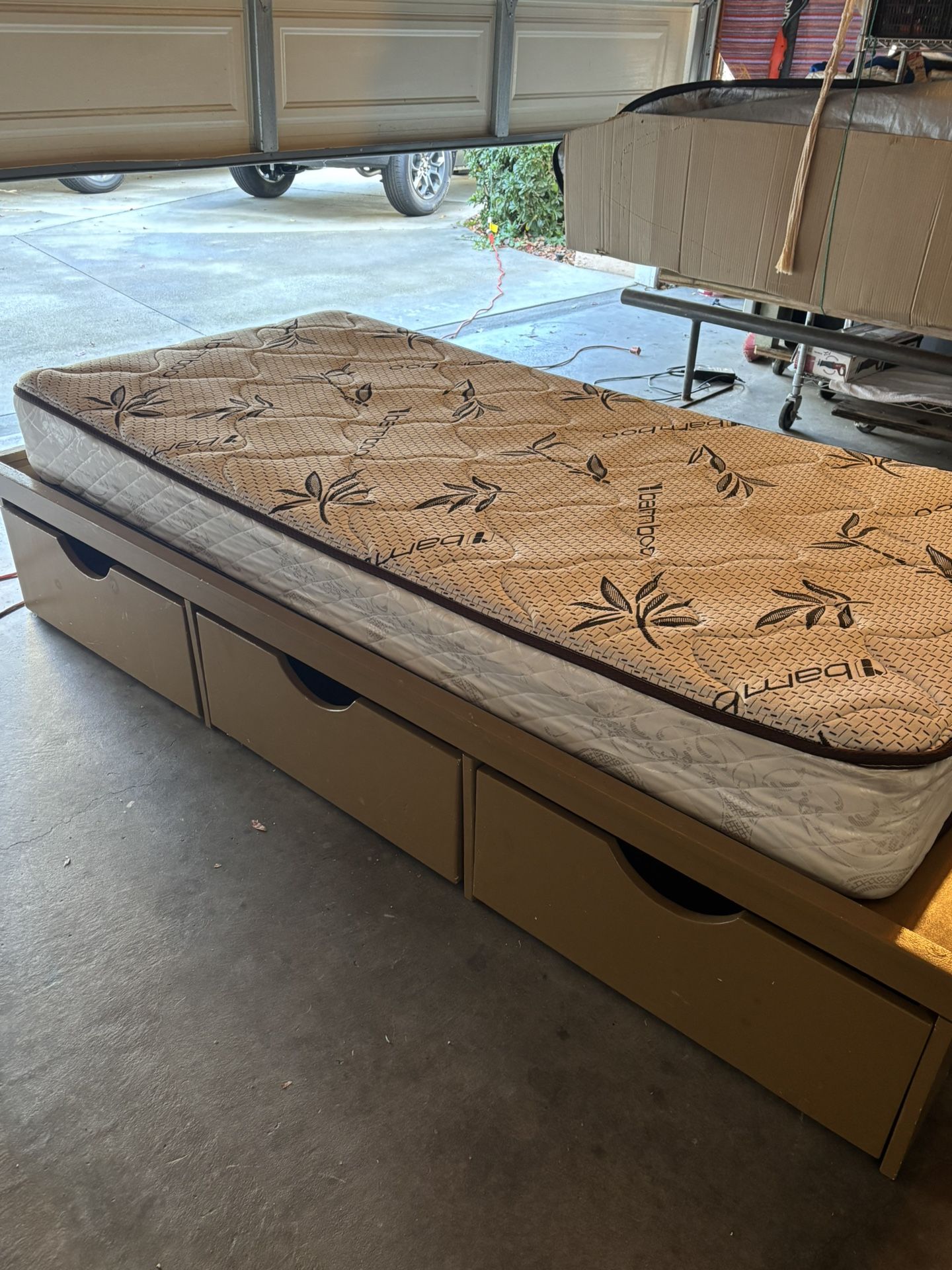 Wood Twin Bed With Large Drawers & Mattress
