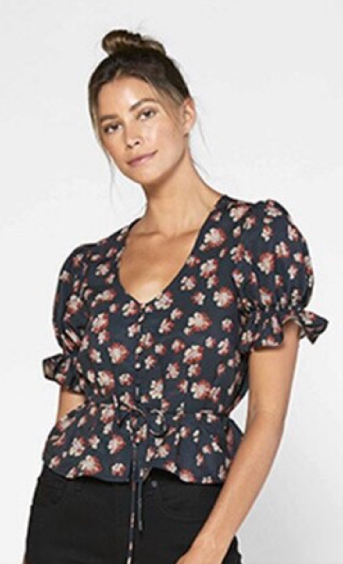 Outerknown Black Red Tan Floral Short Puffy Sleeve Peplum Shirt Top Sz SP