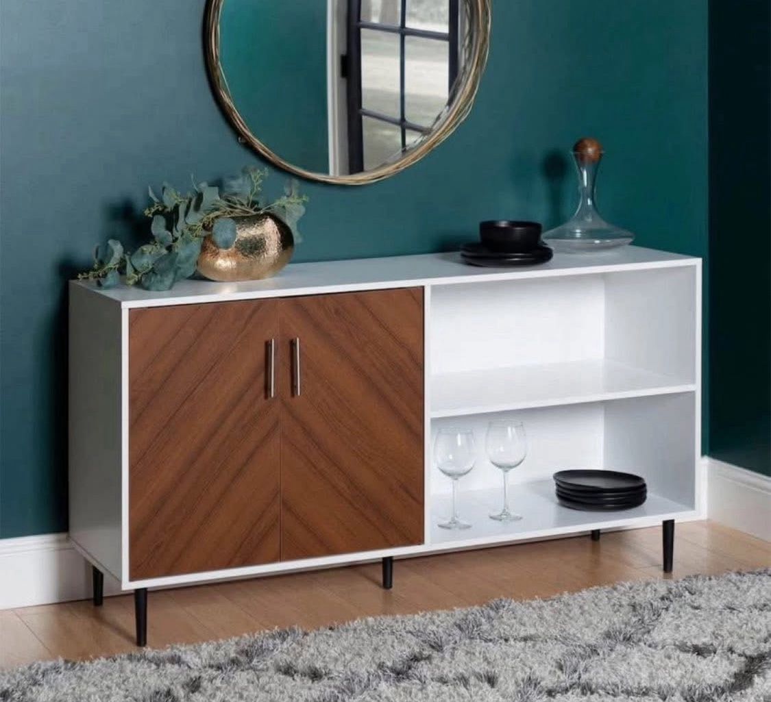 New Transitional Mid Century Modern Two-Tone Storage Console, TV Stand, Sideboard Buffet Record Player/Album Display