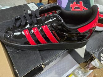 Adidas Superstar Sneakers Black Patent Red Stripes