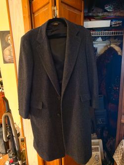 Pristine Vintage 1970s Wool Topcoat Herringbone Gray Tweed Overcoat Mens L / 44R