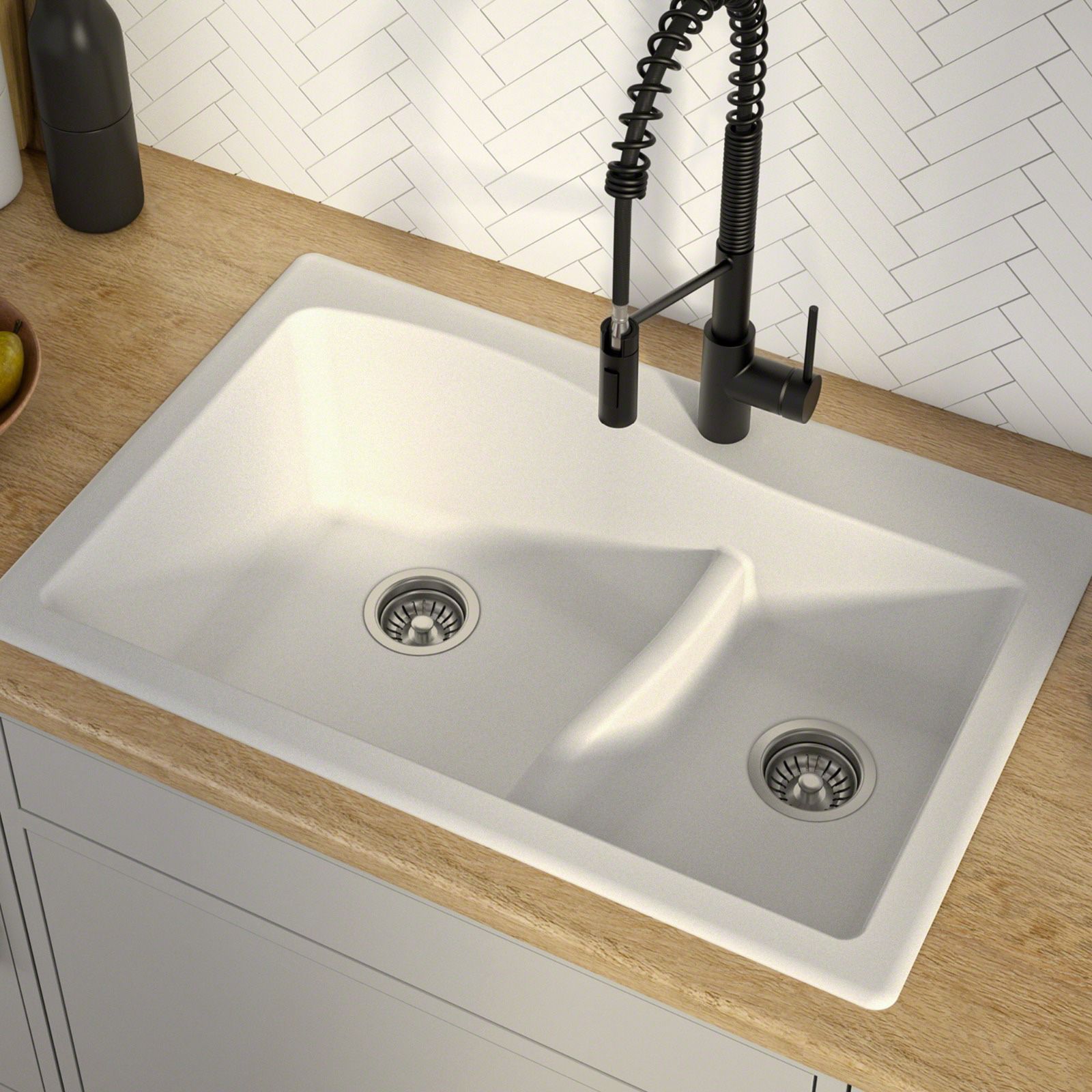 Title: KRAUS Quarza™️ 33” Dual Mount 60/40 Double Bowl Granite Kitchen Sink in White(Shipping corner crack) Description: Outer Sink Dimensions: 33” L
