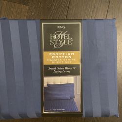 KING Hotel Style 4-Piece 600 Thread Count Navy Blue Stripe Egyptian Cotton Bed Sheet Set, Deep Pocketbook 