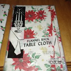 Set Of 2  52"×70" Oval Flannel Back Poinsettia/Holly Tablecloth 
