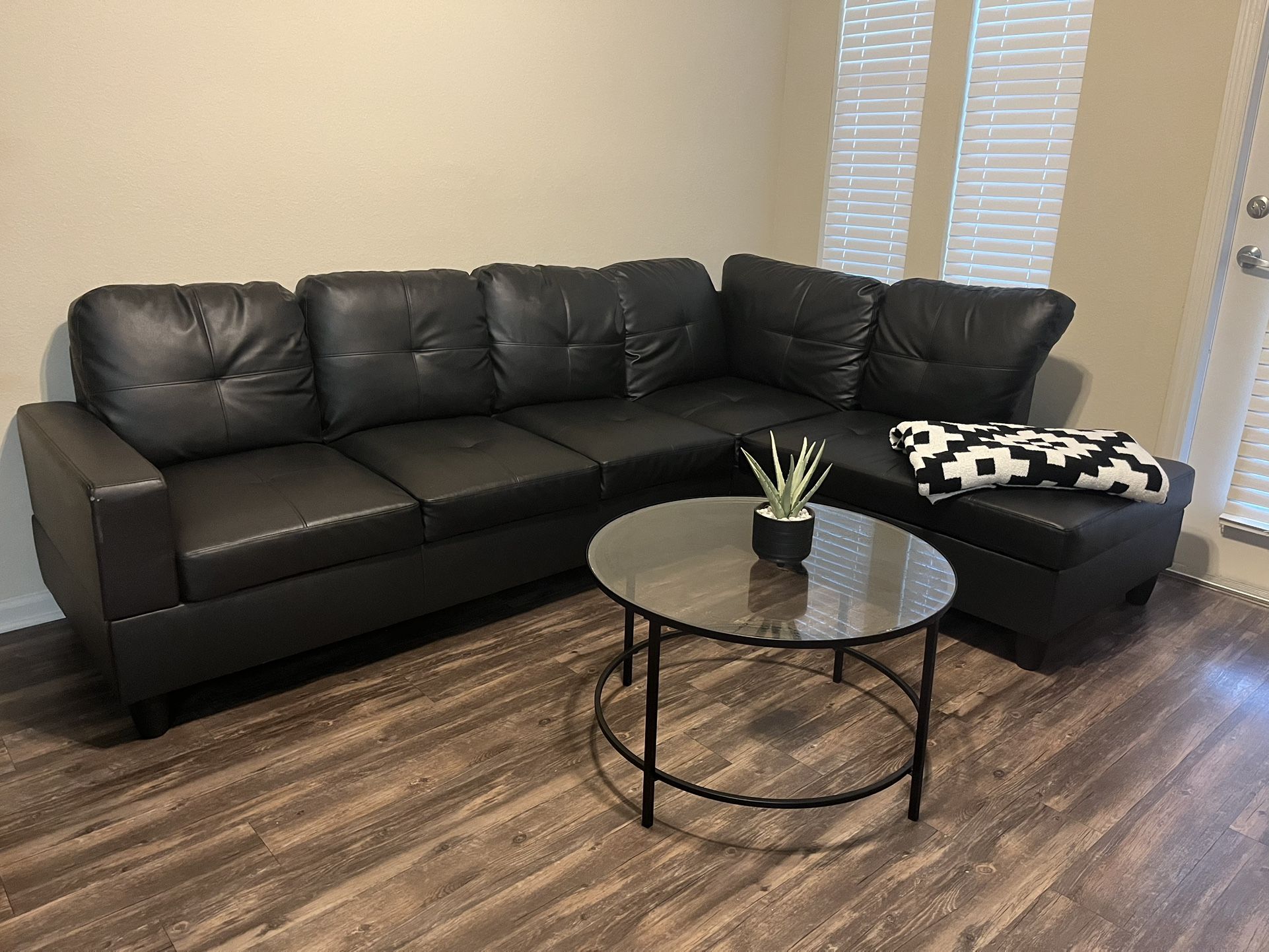 Leather Couch & Glass Coffee Table Set – Great Condition