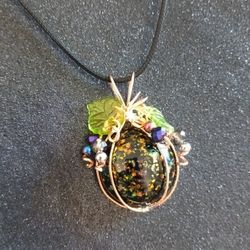 Black faux opal pumpkin copper wire wrapped necklace new Halloween jewelry New