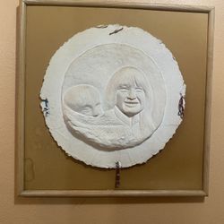 Original hand-made Alaskan Native Inuit Eskimo Art: Plaster 3-D RELIEF  ,   Wood frame