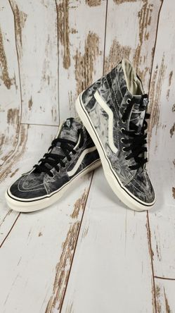 VANS Denim Destroy Sk8-Hi Tapered Sneakers Black Marshmallow Size 10.5
