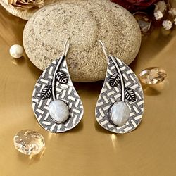 Rainbow Moonstone Embossed 925 Sterling Silver Overlay Handcrafted Earrings