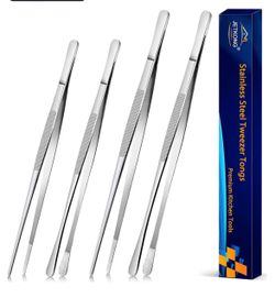 JETKONG 4 Pcs Kitchen Tweezers Tongs Stainless Steel Cooking Tweezers Set, Professional Kitchen Long Tweezer for Cooking, Repairing, and BBQ (10+12-In