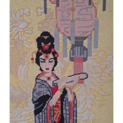 Chinese Girl At A Temple Embroidered Tapestry Framed Original Piece Of Art