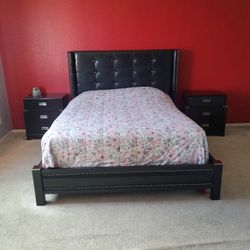 Modern Queen Bedroom Set,black Leather/wood
