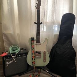 Squier Sonic telecaster Laurel Fingerboard Limited Edition Electric Guitar Surf Green, Fender Champion 20 Guitar Combo Amp, Fender Cable, Floral Strap