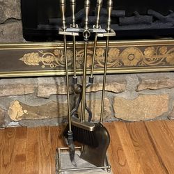 Vintage Heavy Duty Brass Wrought Iron Fireplace Tool Set 
