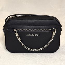 Michael Kors Leather Jet Set Zip Chain Crossbody Black Silver