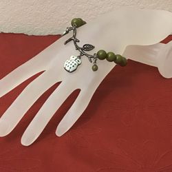 Handmade beaded Olive Green with Owl, Branch and Tiny Leaves Bracelet Size: 6 1/2”