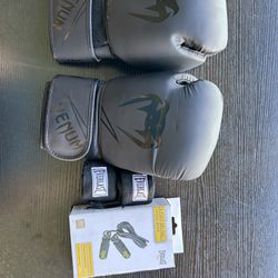 Venum Black Boxing Gloves, Speed Robe, And Wraps