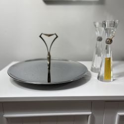 Vintage Kromex Single Tier Tidbit Serving Dish Tray Handled Gold Silver Tone MCM Plus Candle Holders