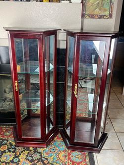 Pair of Cherry Wood Curio Cabinets with Glass Shelves & Mirrors