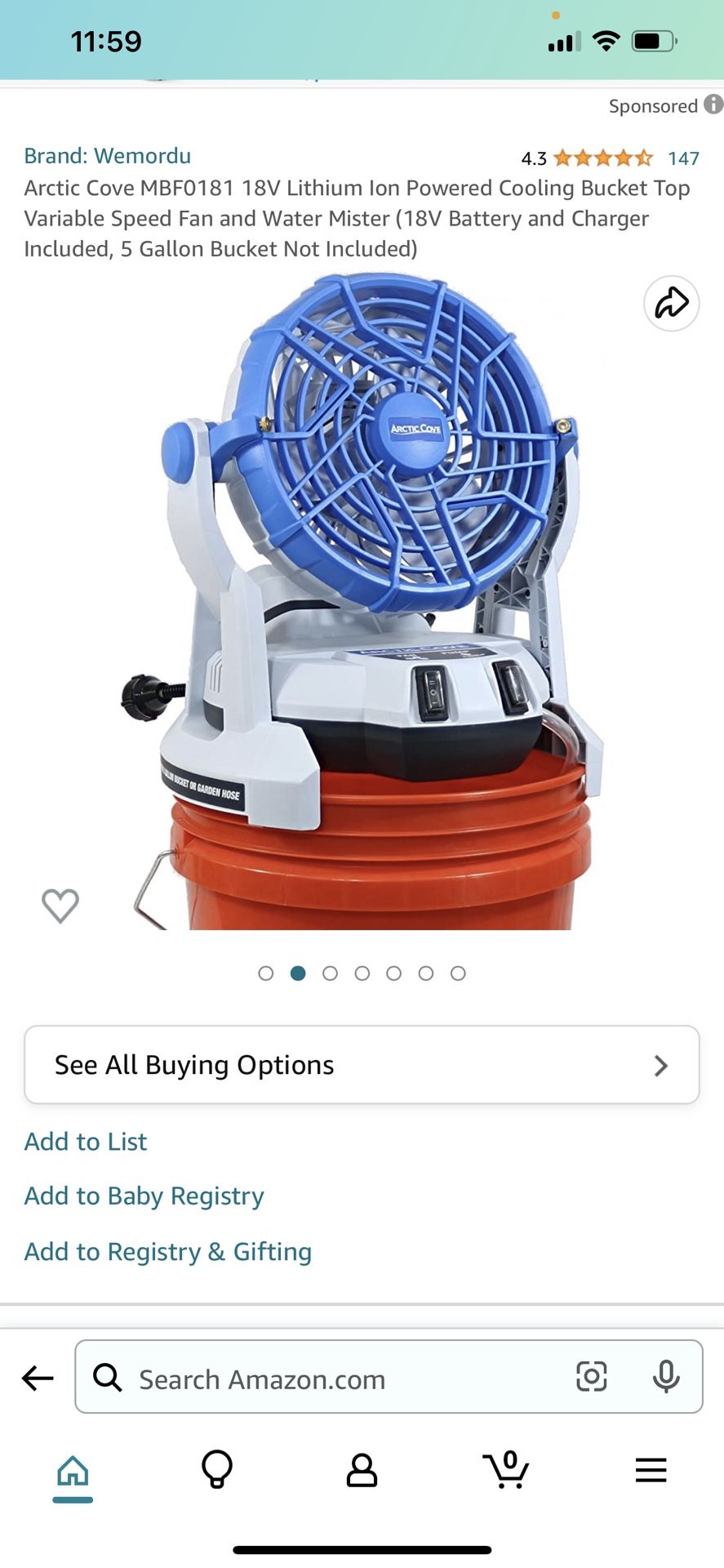Arctic Cove Bucket Top Portable Misting Fan Runs On 18v Riyobi Batteries.