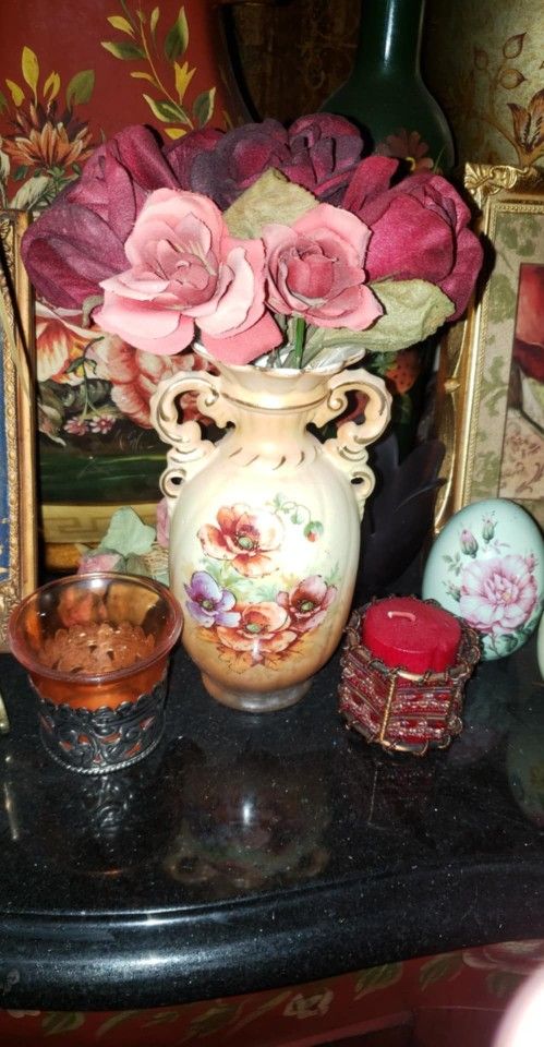VINTAGE HAND PAINTED SILK ROSE FLORAL ARRANGEMENT FLOWER VASE BOUQUET ORANGE SILVER BOHEMIAN CANDLE HOLDER