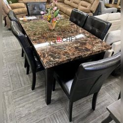 7-Pieces Wooden Dining Table Set with  Faux Marble Top and Parson Dining Chair