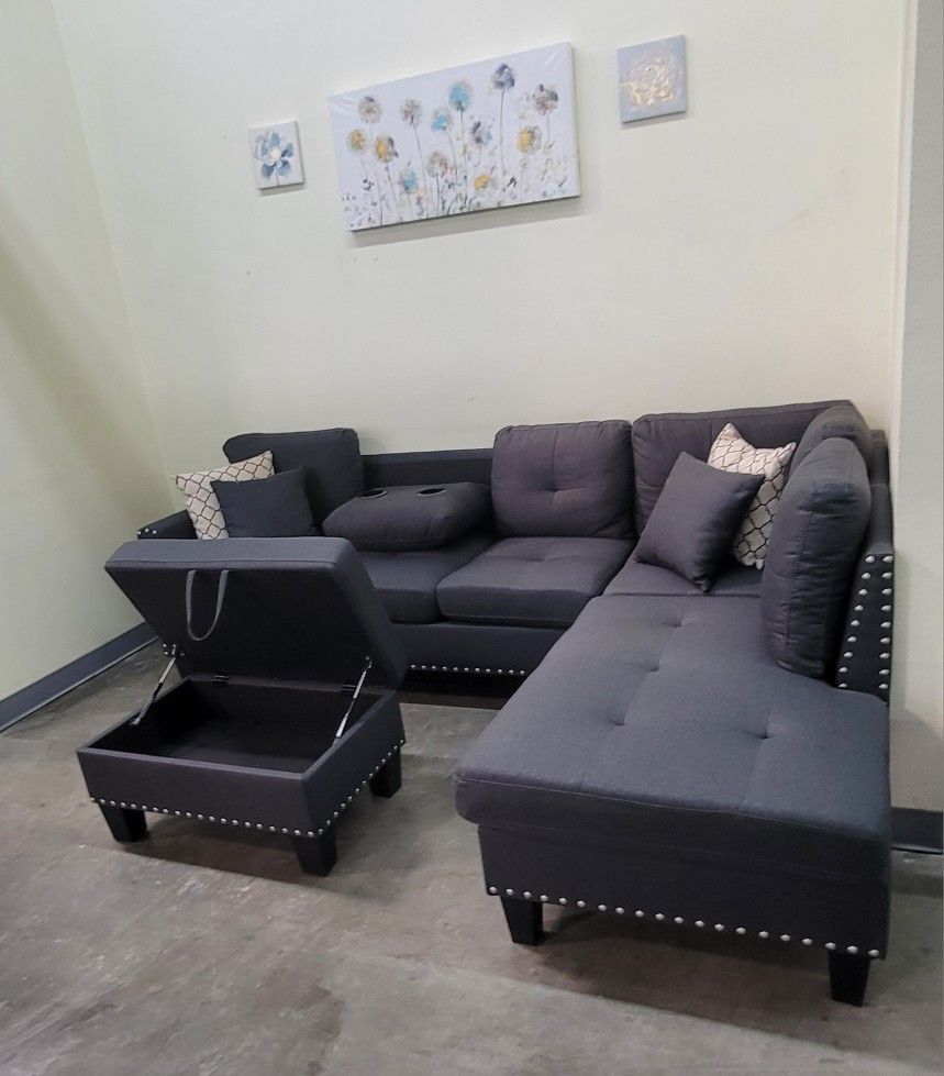 ✅️✅️ 3 pc charcoal linen like fabric sectional sofa drop down cup holder chaise and ottoman nail head trim ✅️