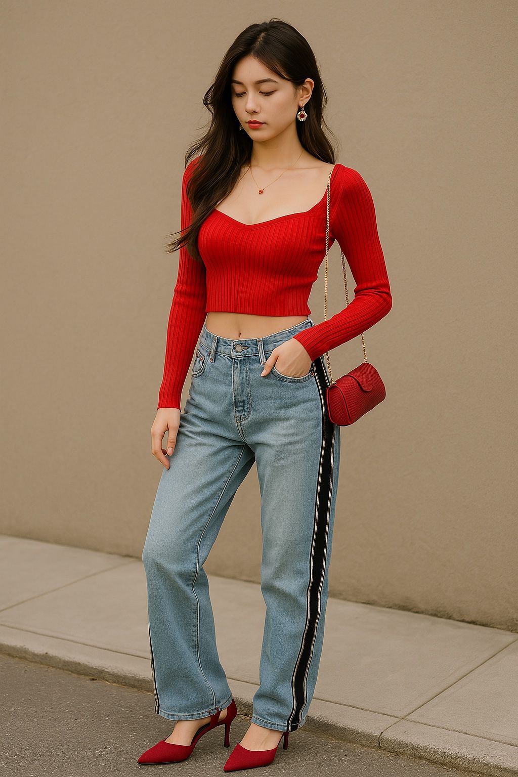 Y2K Red Outfit Bundle – XS Ribbed Top, M Patchwork Jeans, Size 5 Heels, Red Clutch – All New/NWOT