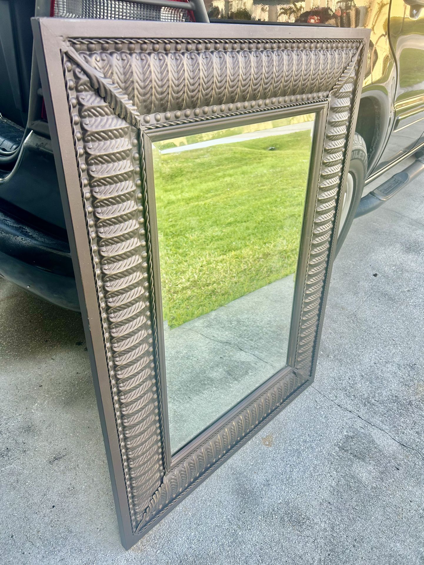 Large Bronze Feather Detailed Metal Mirror